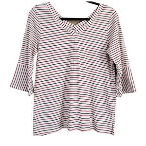 J Jill Womens Top Size S White Red Striped V-Neck 3/4 Bell Sleeve Tee Soft